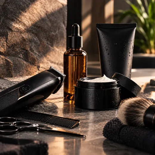 Tondeuse, huile à barbe, crème et blaireau posés sur un plan en pierre
