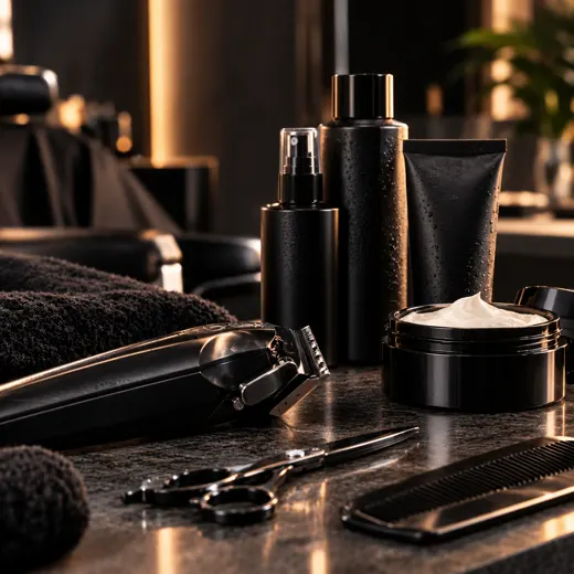 Tondeuse, ciseaux, peigne et soins capillaires sur le comptoir d’un salon de barbier