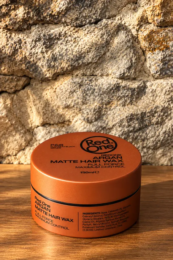Pot de cire mate RedOne Argan, devant le mur en pierre
