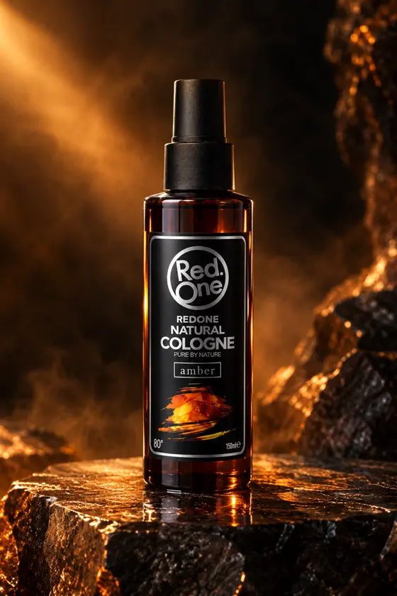 Flacon d’eau de Cologne RedOne Amber posé sur une roche, dans une lumière ambrée
