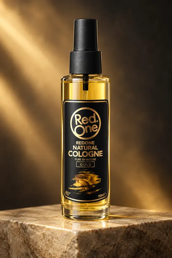 Flacon d’eau de Cologne RedOne Gold posé sur un bloc de pierre, dans une lumière dorée