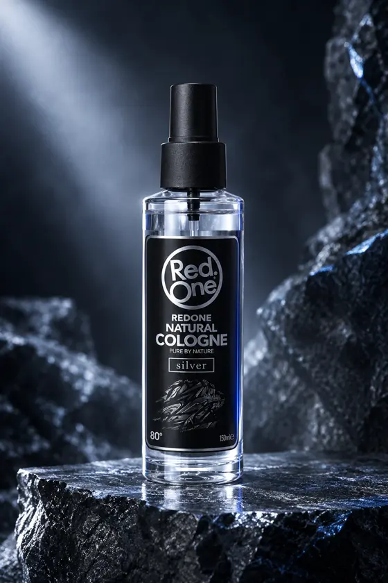 Flacon d’eau de Cologne RedOne Silver posé sur une roche sombre, dans une lumière bleutée